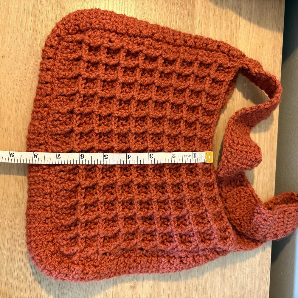 Handmade Crochet Shoulder Bag Rust Orange Waffle Stitch Boho Hobo Tote - Picture 4 of 5